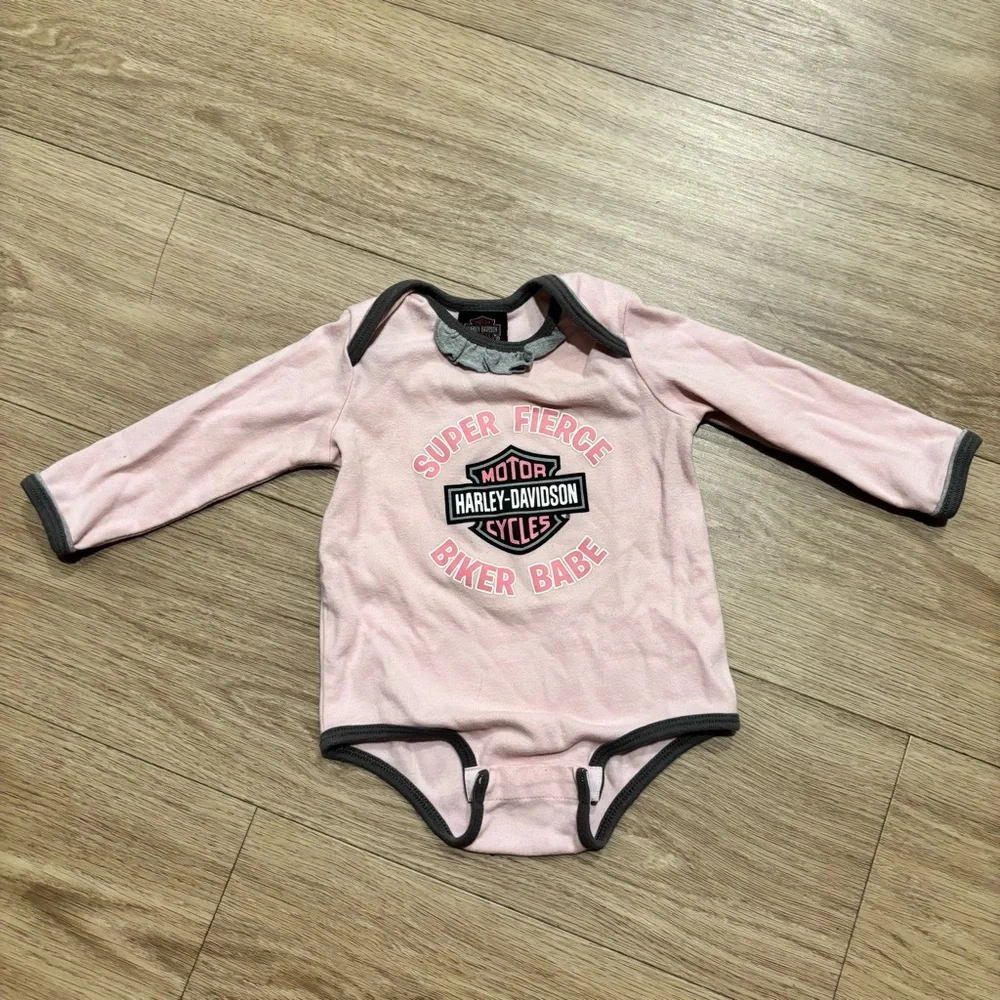 Harley-Davidson Pink Long-Sleeve Baby One-Piece with Dark Trim